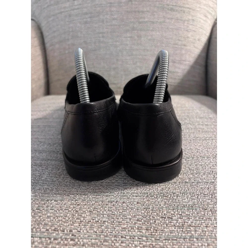 J. McLaughlin Black Brown Leather Penny Loafers Lizard Embossed Strap Womens 7.5